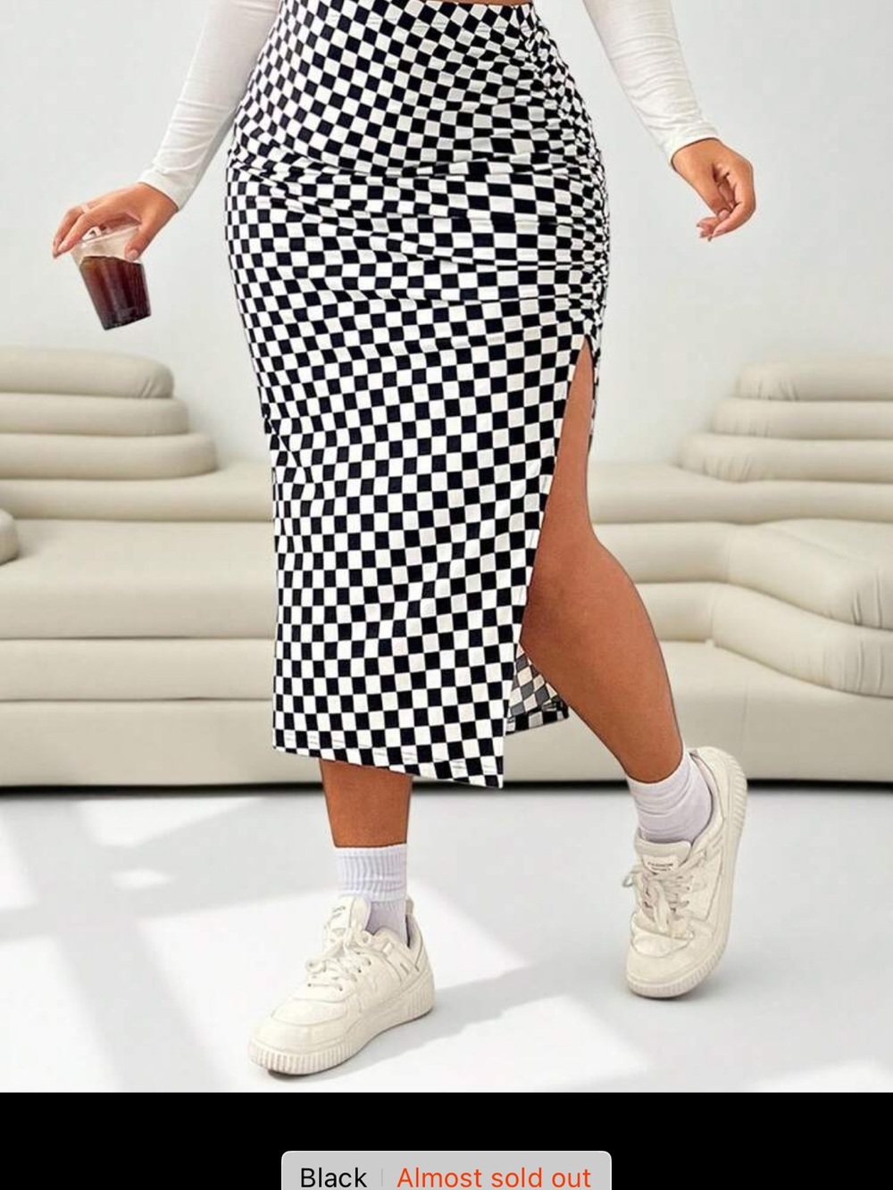 SHEIN Black & White Checkerboard Midi Skirt with Side Slit